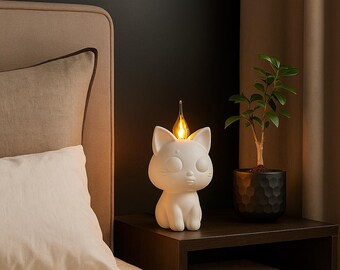 Cute cat night light with flame bulb – kids bedside lamp or cozy home décor – unique 3D printed lamp – handmade gift