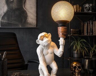 Rock Monkey Lamp – Sculptural Monkey Table Lamp – White Statement Light – Quirky Modern Home Decor – Unique Gift