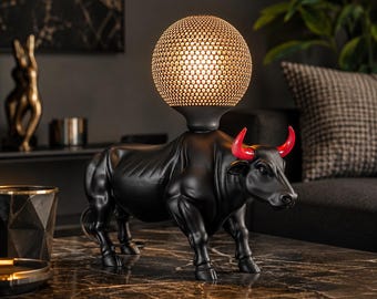 Bull Lamp – Sculptural Table Lamp – Black Bull Light with Red Horns – Statement Home Decor – Rock Style Animal Lamp