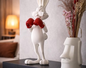 Large Boxing Rabbit Statue 50cm – Art Deco Bunny Sculpture, Modern Designer Decor, White Matte with Red Gloves, Unique Home Decor
