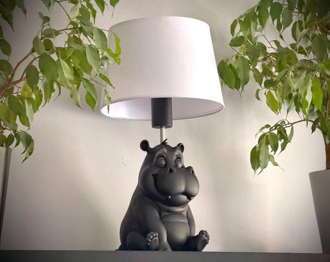 Featured listing image: Hippo Design Lamp – Modern Animal Table Lamp – Unique 3D Printed Light with Black or White Shade – Eco-Friendly Home Décor