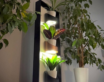 Magnetic Light-Up Plant Frame – Wall Decor with 3 Ceramic Pots & Rechargeable LED Lamps – Modern Vertical Garden for Home