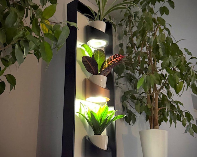 Featured listing image: Magnetic Light-Up Plant Frame – Wall Decor with 3 Ceramic Pots & Rechargeable LED Lamps – Modern Vertical Garden for Home