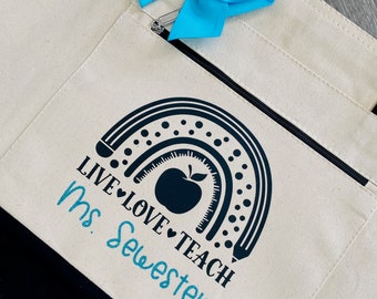 Customize Teacher Bag | Tote Bag With Zipper | Teacher Appreciation Gift | Teacher Christmas Gift | Live Love Teach | Personalization