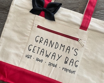 Grandma's Getaway Bag | Red Tote Bag | Grandma Gift | Mother's Day Gift | Grandparent's Gift | Grandma to be | Christmas Gift | Customized