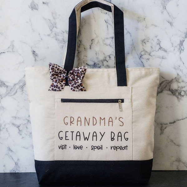 Grandma's Getaway Bag | Tote Bag With Zipper | Funny Grandma Gift | Christmas Gift | New Grandma Gift | Glitter | Bougie | Brown Sparkle