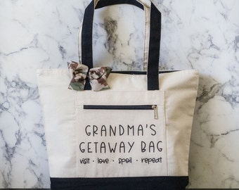 Grandma's Getaway Bag | Tote Bag With Zipper | Grandma Gift | Grandma To Be | Grandparent's Gift | Gift from Grandkids | Personalized