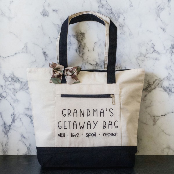 Grandma's Getaway Bag | Tote Bag With Zipper | Grandma Gift | Grandma To Be | Grandparent's Gift | Gift from Grandkids | Personalized