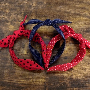 Polka Dots Print Headband, Rockabilly Headband, Top Knot Headband, Bow Headband, Knotted Headband, Navy Red White Polka Dots Headband