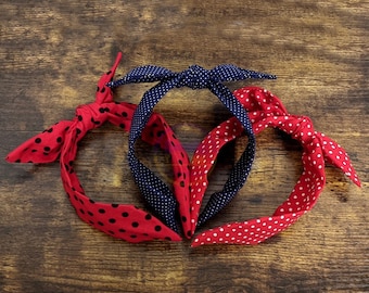 Polka Dots Print Headband, Rockabilly Headband, Top Knot Headband, Bow Headband, Knotted Headband, Navy Red White Polka Dots Headband