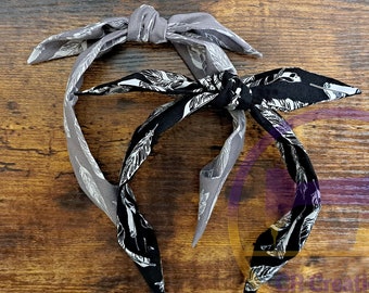 Feathers print Headband, White feathers Headband, Black Headband, Gray Headband, Top Knot Headband, Bow Headband, Knotted Headband