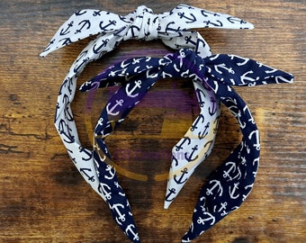 Anchors Headband, Americana Style Print Headband, Knotted Headband, Bow Headband, Top Knot Headband, Navy Headband, White Headband