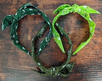 Bandana Style Print Headband, Bandana Headband, Top Knot Headband, Bow Headband, Green Bandana Headband, Lime Olive Knotted Headband