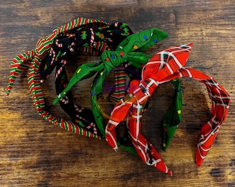 Christmas Print Headband, Top Knot Headband, Knotted Headband, Candy Cane Headband, Christmas Lights Headband, Red Plaid Headband