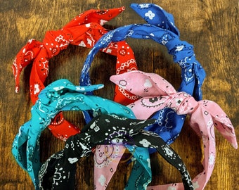 Bandana Style Print Headband, Bandana Headband, Top Knot Headband, Bow Headband, Knotted Headband, Black, Blue, Pink, Red, Teal Headband