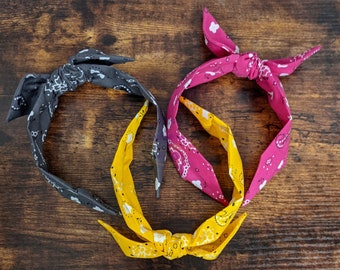 Bandana Style Print Headband, Bandana Headband, Top Knot Headband, Bow Headband, Knotted Headband, Gray, Pink Headband, Yellow Headband