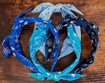 Bandana Style Print Headband, Bandana Headband, Top Knot Headband, Bow Headband, Knotted Headband, Blue, Cerulean, Navy, Sky Blue Headband