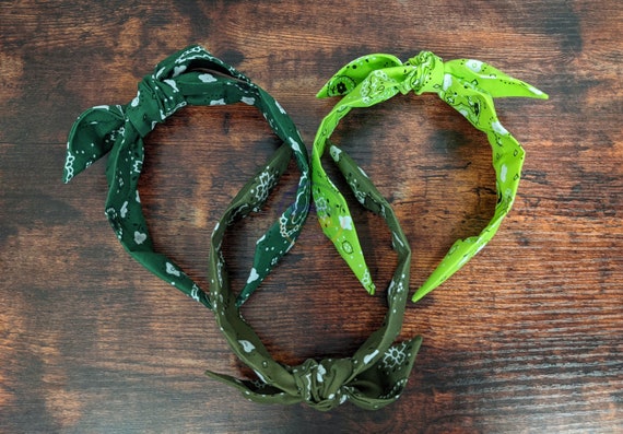 Bandana Style Print Headband, Bandana Headband, Top Knot Headband, Bow Headband, Green Bandana Headband, Lime Olive Knotted Headband