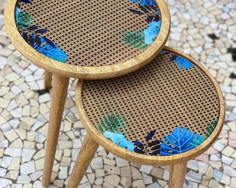 Hand crafter mangowood Printed side tables. Set of 2.