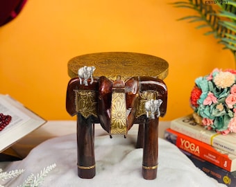 Brass hand embossed sheet wooden Elephant side table. Stool, table, Handicraft
