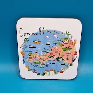 Map of cornwall printed coaster, cornish, cornwall, coastal, beaches, seaside, holiday, stocking filler, keepsake,landmarks, Newquay,seagull