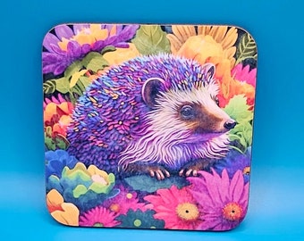 Hedgehog printed coaster, colourful, wildlife, animal, hedgehog lover, beer mat, small gift idea, flowers, countryside, purple flowers,
