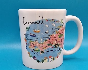 Map of Cornwall printed mug, holiday keepsake, cornish, stocking filler, Newquay, St Ives, cornish made, landmarks, Beach, coastal gifts,