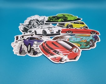 random selection of 10 car stickers, mechanic, skateboard stickers, gifts for kids, stickers, car themed stickers, computer decals, laptop