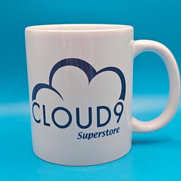 Wolke 9 bedruckte Tasse, Superstore, Glenn, Amy, kleine Geschenkideen, Shopping, Comedy, Vatertag, Kaffeetasse, Fan Merch, Geschäft, Wolke 9