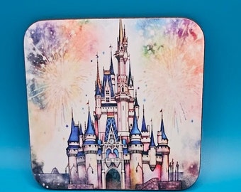 castle with fireworks printed coaster, main street, USA, castle, Florida, fireworks, mouse, princess, gift idea, holiday, magic castle, mat
