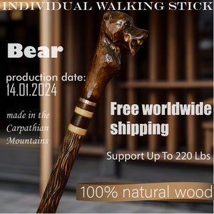 Hand Carved Wooden Cane, Walking stick for man and woman. Unique Bear design
