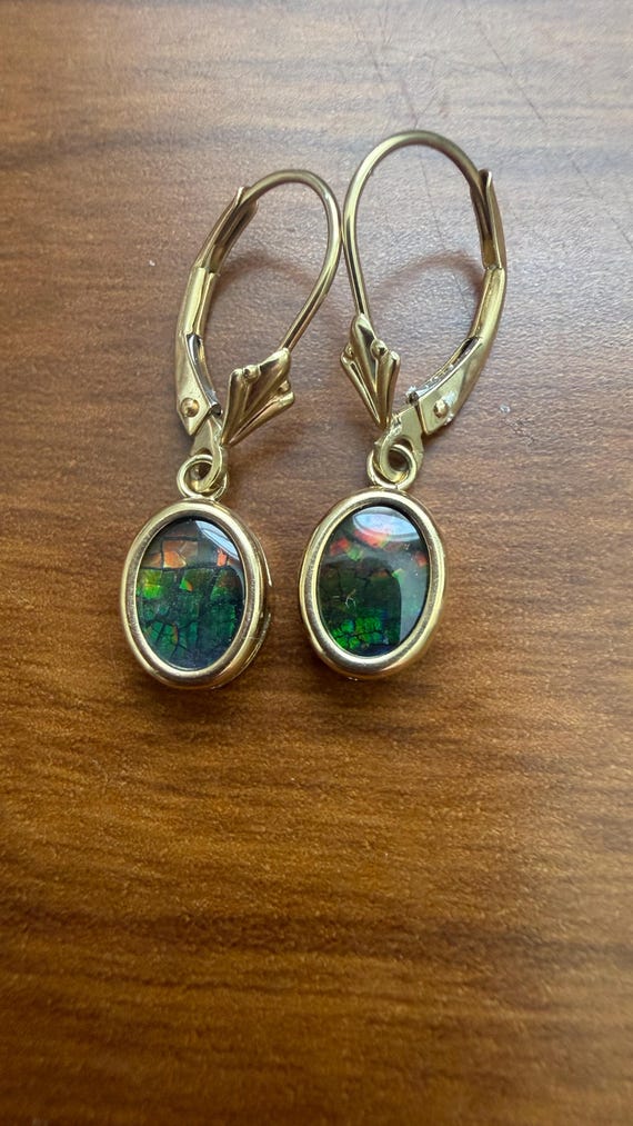 Genuine Ammolite 14K Gold Drop Earrings, Rainbow Flash Gemstone Lever Backs
