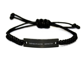 Pulsera inspiradora, aventura espera pulsera, pulsera de deseo, regalos de graduación, pulsera de cotización positiva, regalos motivacionales