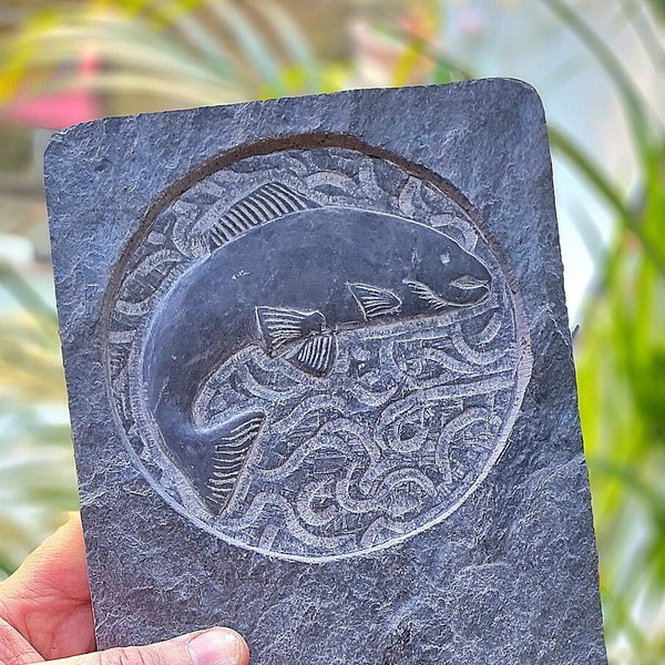 Salmon sculpture / FREE POSTAGE /  Slate sculpture / Hand carved / Unique gift /  7 x 6 inch / Nautical art / Garden art