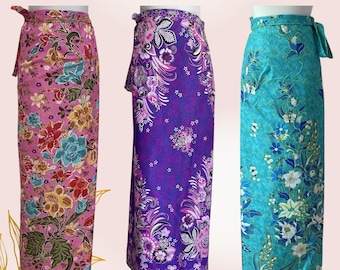 Batik Sarong Wrap with Rope Free n Plus Size Colorful Summer Beach Cover Ups, Bali Batik Fabric Textiles Clothes & Decorative Floral Flower