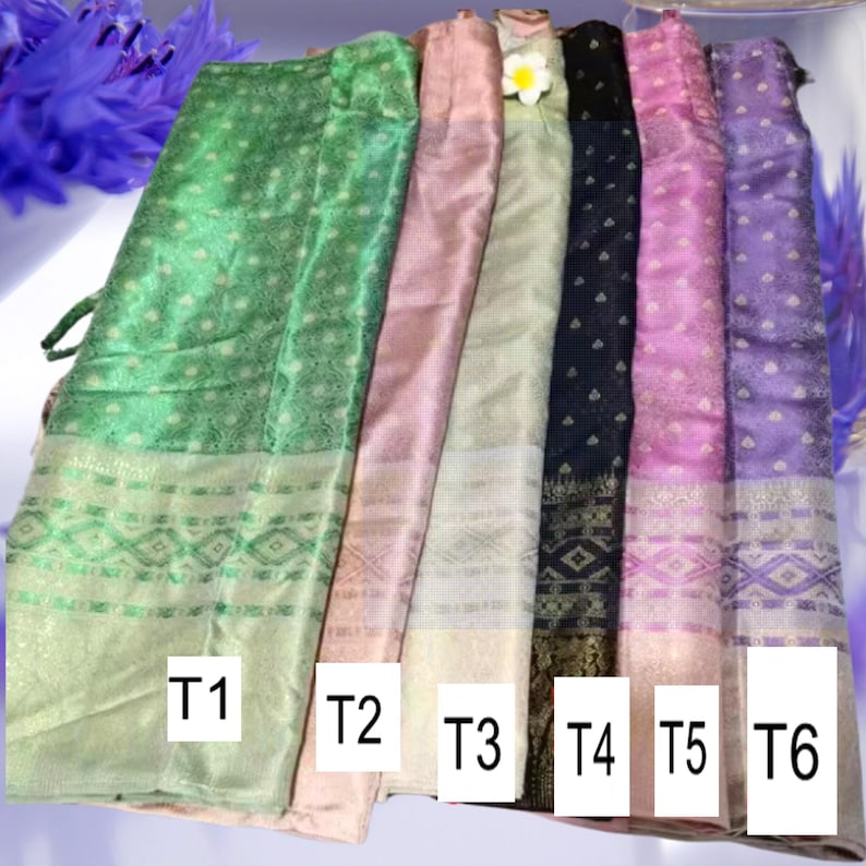 May include: Six different fabric swatches in various colors and patterns. The swatches are labeled T1 through T6. The swatches are all made of a soft, silky fabric.