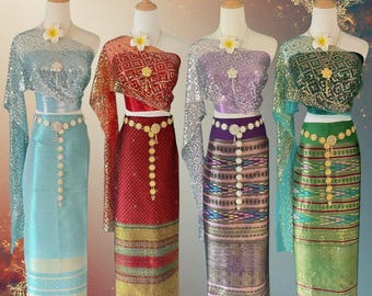 Traditional Thai Dress Costume Set (6 items), Thailand Outfit Sarong Wrap, Skirt Free Size, Southeast Asia Culture Event Party Dance Wear