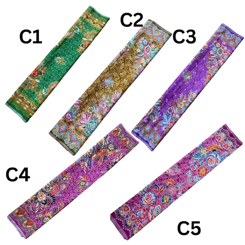 May include: Five rectangular fabric strips labeled C1 through C5, each featuring intricate floral and paisley patterns. C1 is green, C2 is gold and teal, C3 is purple and blue, C4 is magenta and pink, and C5 is deep purple with vibrant floral motifs.