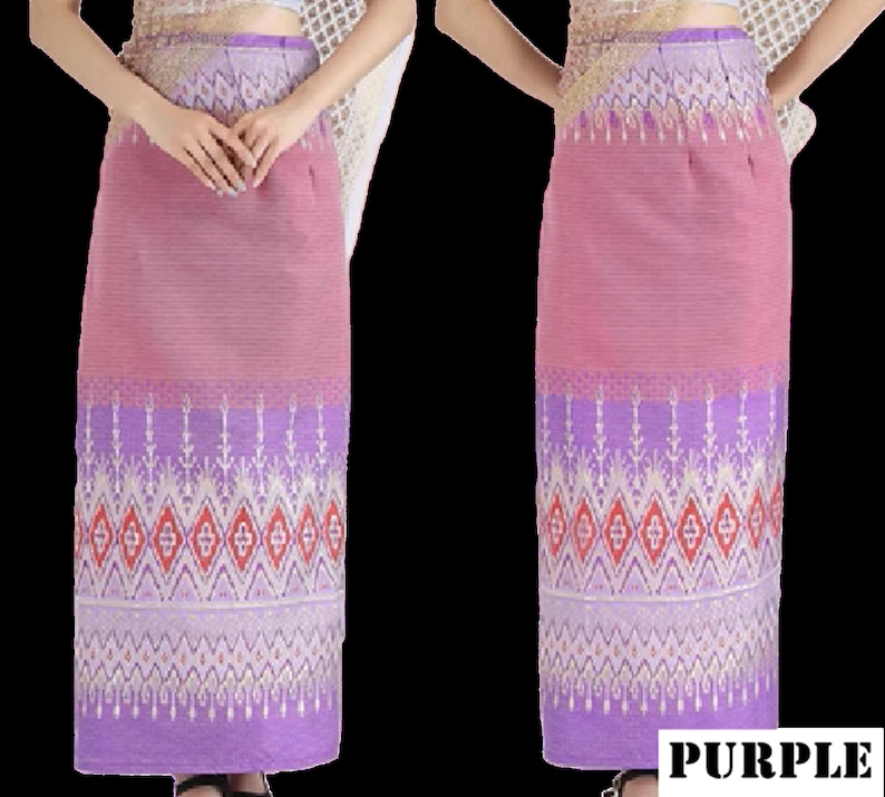 Paréo traditionnel thaïlandais enveloppant, jupe sarong portefeuille taille unique, robe thaï, robe fourreau, robe longue bohème en batik de Bali, prêt-à-porter réglable Purple