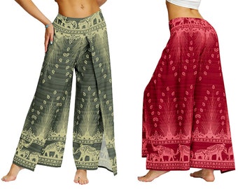 Pantalon thaïlandais Elephant Peacock Wide Open Leg Casual Wrap Pants, Pantalon Boho, Pantalon de yoga Harem taille libre, Pantalon de danse hippie, Vêtements de festival