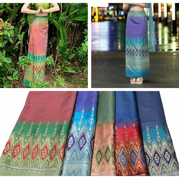 Paréo traditionnel thaïlandais enveloppant, jupe sarong portefeuille taille unique, robe thaï, robe fourreau, robe longue bohème en batik de Bali, prêt-à-porter réglable