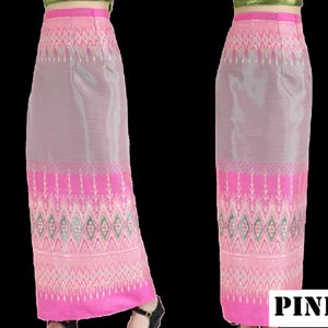 Paréo traditionnel thaïlandais enveloppant, jupe sarong portefeuille taille unique, robe thaï, robe fourreau, robe longue bohème en batik de Bali, prêt-à-porter réglable Pink