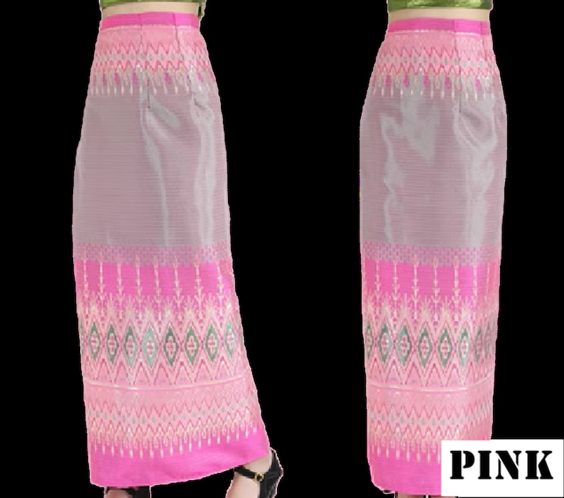 Paréo traditionnel thaïlandais enveloppant, jupe sarong portefeuille taille unique, robe thaï, robe fourreau, robe longue bohème en batik de Bali, prêt-à-porter réglable Pink