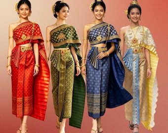 Traditional Thai Dress Costume Set, Thai Dance Outfit, Thailand Sarong Skirt, Stage Show Costume, Travel Photo Shoot, Cultural Party Wear