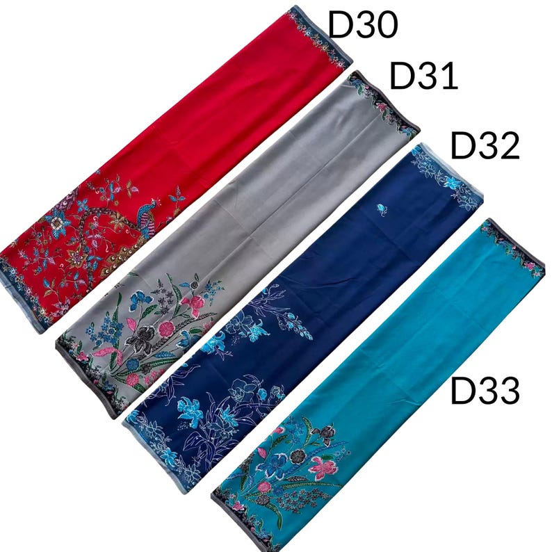 May include: Four rectangular fabric panels labeled D30, D31, D32, and D33. The first is red, the second gray, the third dark blue, and the fourth teal. Each features a floral pattern at one end with blue, pink, and green botanical details.