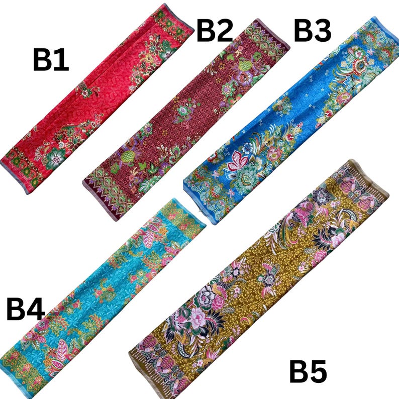 May include: Five rectangular fabric strips labeled B1 through B5, each featuring a distinct floral pattern. The colors include red, dark red, blue, light blue, and gold. Each strip displays intricate botanical motifs and decorative borders.
