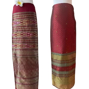 Red Thai Sarong Wrap: Traditional Batik Long Dress, Adjustable Skirt