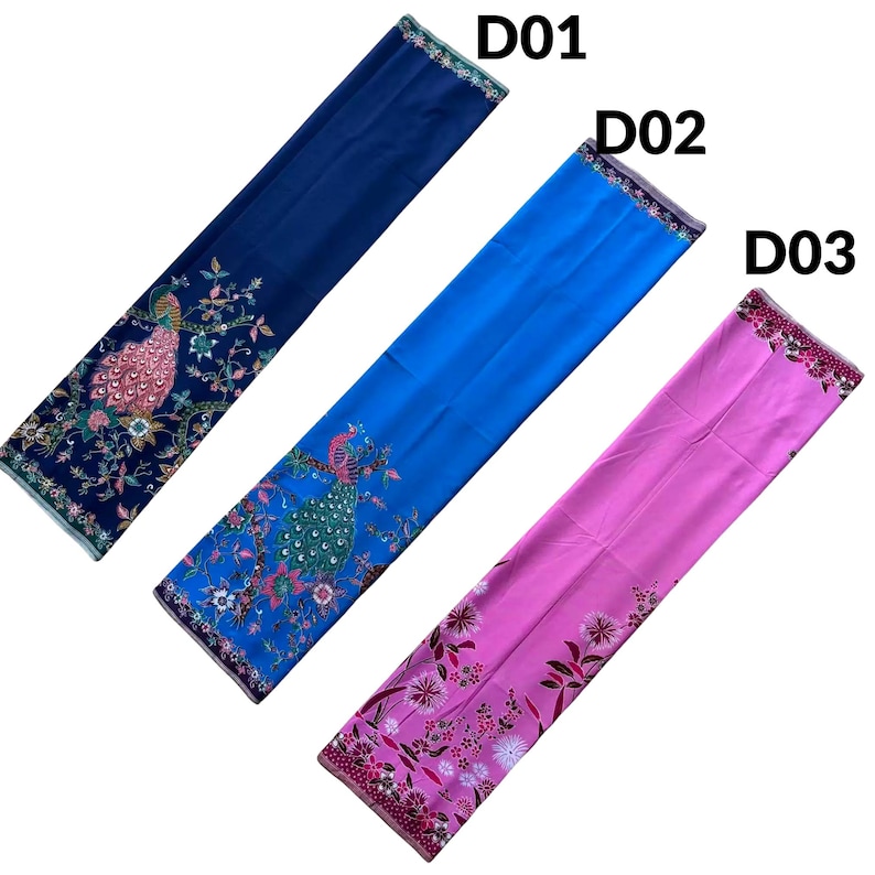 May include: Three rectangular fabric panels labeled D01, D02, and D03. D01 is dark blue with a peacock and floral print. D02 is bright blue with a peacock and floral print. D03 is pink with a floral and dandelion-like botanical print pattern.