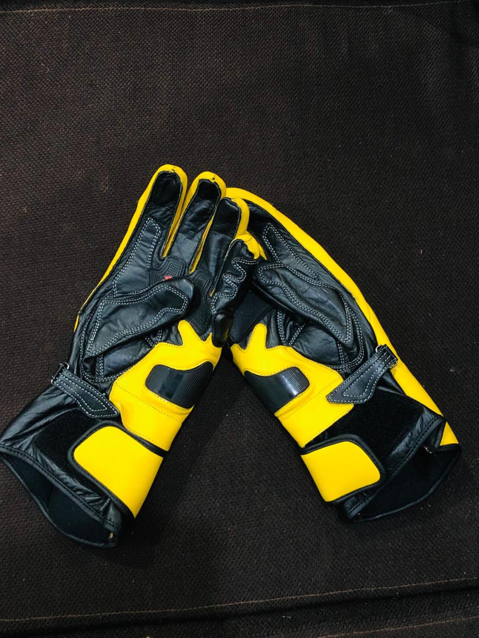 Yellow Leather Motorcycle Racing Gloves: Full Gauntlet With Knuckle ...
