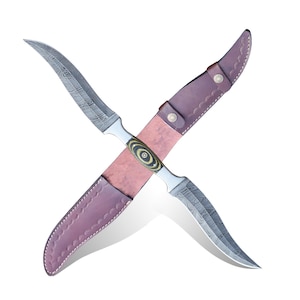 Double Blade Hunting Knife, Custom Handmade Damascus Steel Full Tang Knife with Wooded handle & Sheath, Haladie Camping Gift for Him